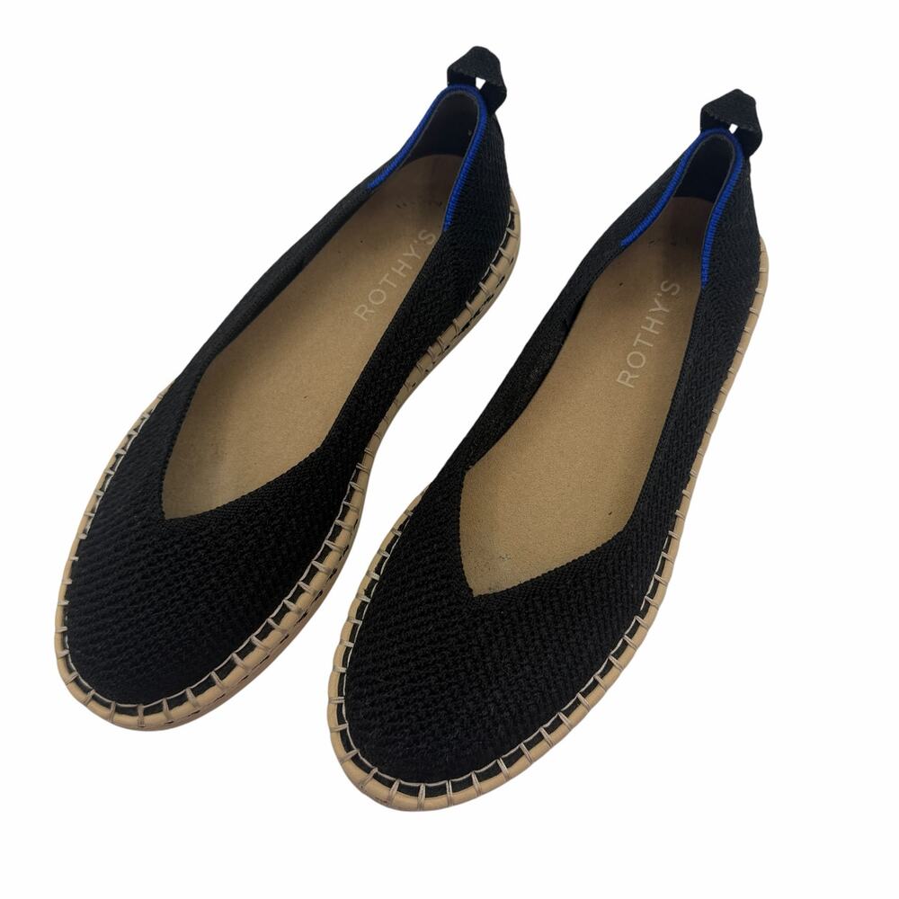 Rothy’s The Espadrille Flat in Black Boardwalk Knit Size 6.5 Jute Sole Slip On